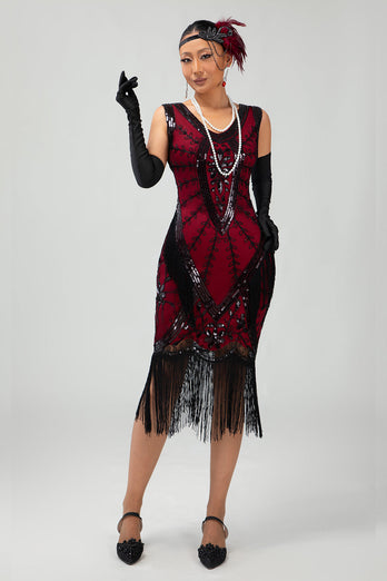 Glitzerndes Schwarzes Rotes Fransen Kurzes 1920er Kleid Mit 20er Jahre Accessoire Set
