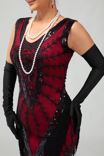 Glitzerndes Schwarzes Rotes Fransen Kurzes 1920er Kleid Mit 20er Jahre Accessoire Set