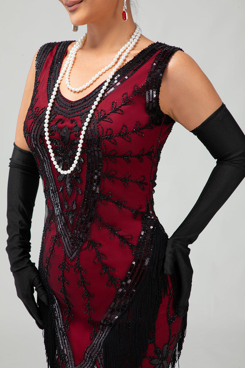 Laden Sie das Bild in den Galerie-Viewer, Glitzerndes Schwarzes Rotes Fransen Kurzes 1920er Kleid Mit 20er Jahre Accessoire Set