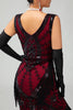 Laden Sie das Bild in den Galerie-Viewer, Glitzerndes Schwarzes Rotes Fransen Kurzes 1920er Kleid Mit 20er Jahre Accessoire Set