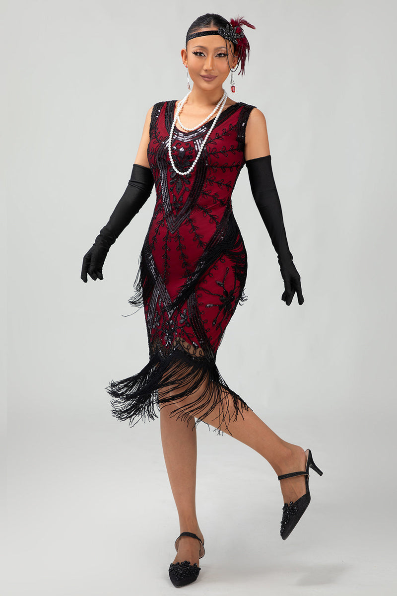 Laden Sie das Bild in den Galerie-Viewer, Glitzerndes Schwarzes Rotes Fransen Kurzes 1920er Kleid Mit 20er Jahre Accessoire Set
