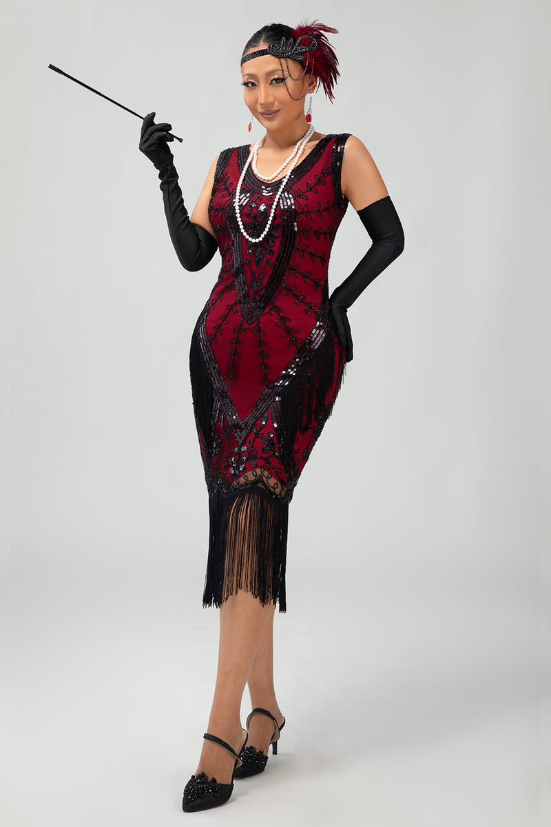 Laden Sie das Bild in den Galerie-Viewer, Glitzerndes Schwarzes Rotes Fransen Kurzes 1920er Kleid Mit 20er Jahre Accessoire Set