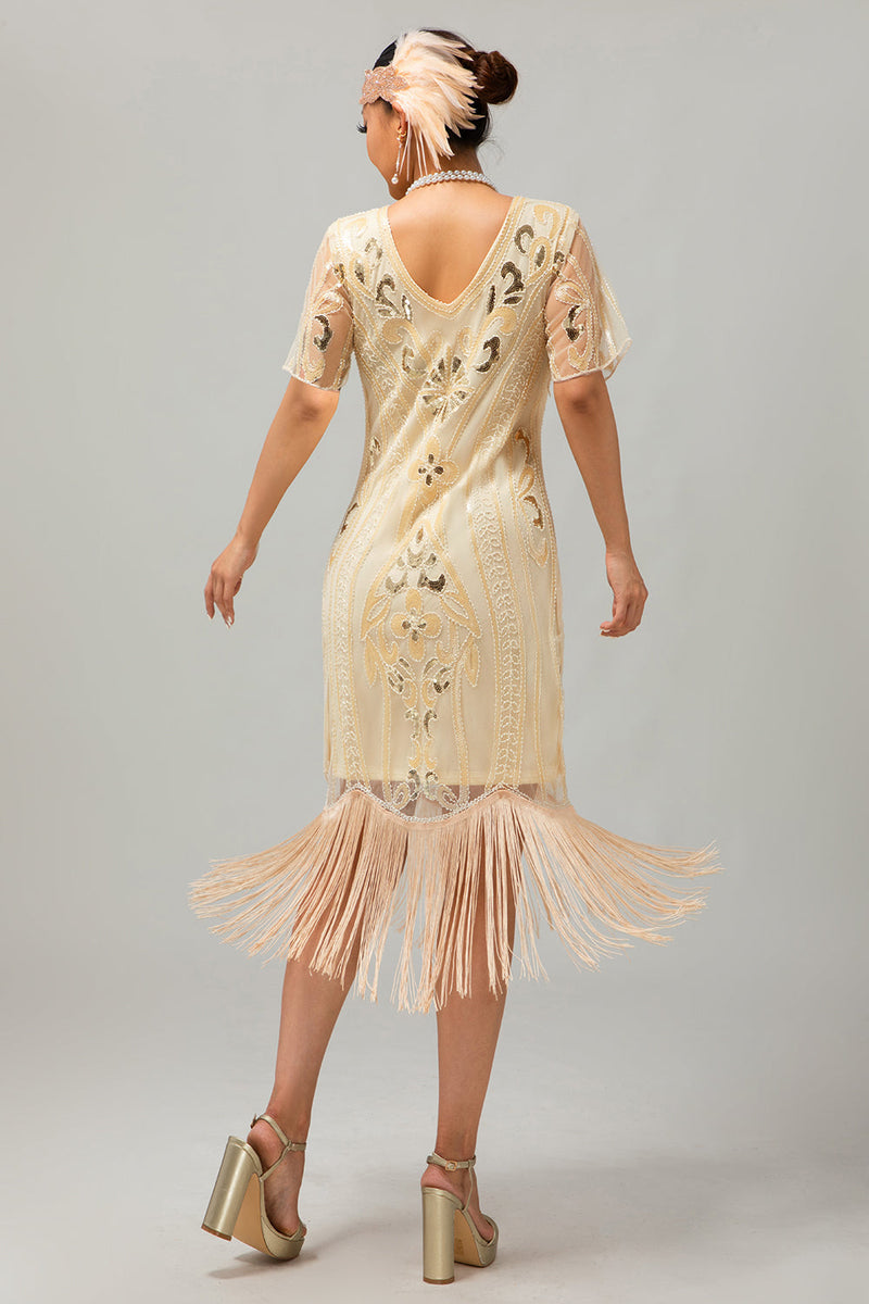 Laden Sie das Bild in den Galerie-Viewer, Glitzerndes Schwarz Blaues Pailletten 1920er Kleid mit Kurzen Ärmeln und Fransen