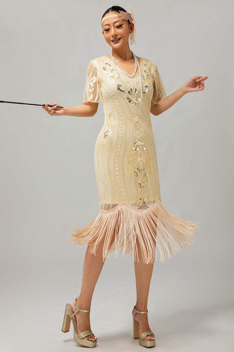 Laden Sie das Bild in den Galerie-Viewer, Glitzerndes Apricotfarbenes Pailletten 1920er Kleid Mit Kurzen Ärmeln und Fransen