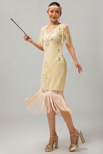 Glitzerndes Apricotfarbenes Pailletten 1920er Kleid Mit Kurzen Ärmeln und Fransen