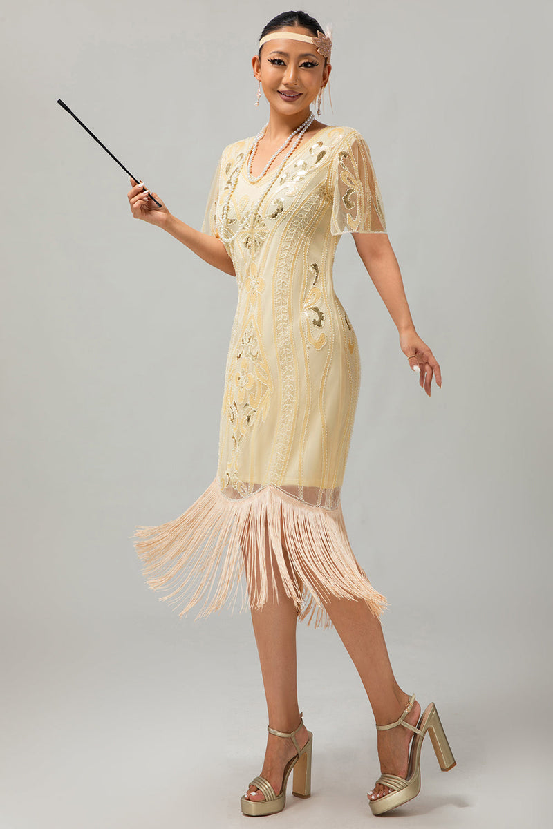 Laden Sie das Bild in den Galerie-Viewer, Glitzerndes Dunkelgrünes Bodycon Fransen 1920er Kleid mit Kurze Ärmeln