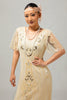 Laden Sie das Bild in den Galerie-Viewer, Glitzerndes Apricotfarbenes Pailletten 1920er Kleid Mit Kurzen Ärmeln und Fransen