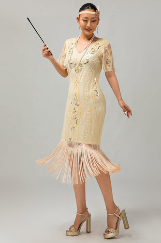 Glitzerndes Apricotfarbenes Pailletten 1920er Kleid Mit Kurzen Ärmeln und Fransen