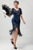 Laden Sie das Bild in den Galerie-Viewer, Glitzerndes Schwarz Blaues Pailletten 1920er Kleid mit Kurzen Ärmeln und Fransen