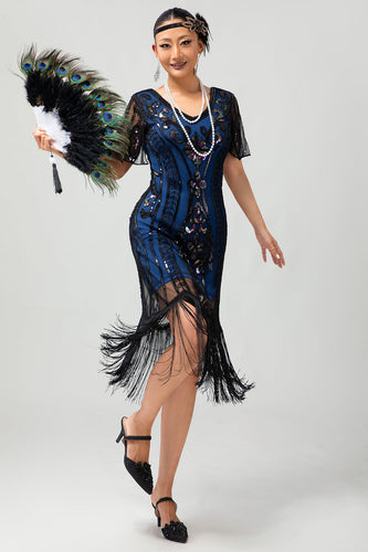 Glitzerndes Schwarz Blaues Pailletten 1920er Kleid mit Kurzen Ärmeln und Fransen