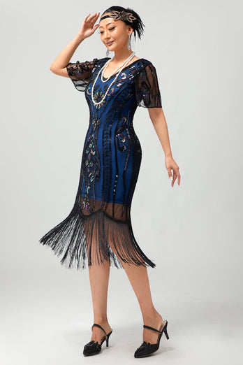 Glitzerndes Apricotfarbenes Pailletten 1920er Kleid Mit Kurzen Ärmeln und Fransen
