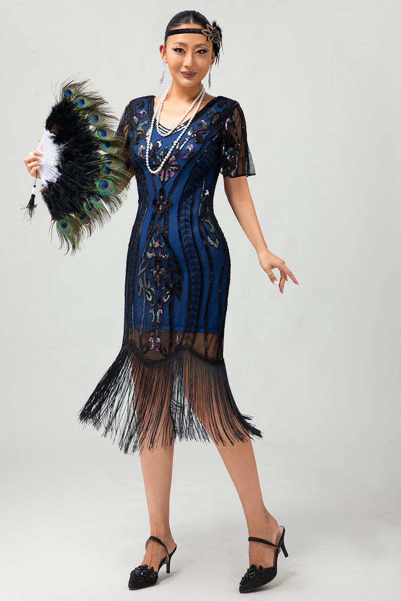 Laden Sie das Bild in den Galerie-Viewer, Glitzerndes Schwarz Blaues Pailletten 1920er Kleid mit Kurzen Ärmeln und Fransen