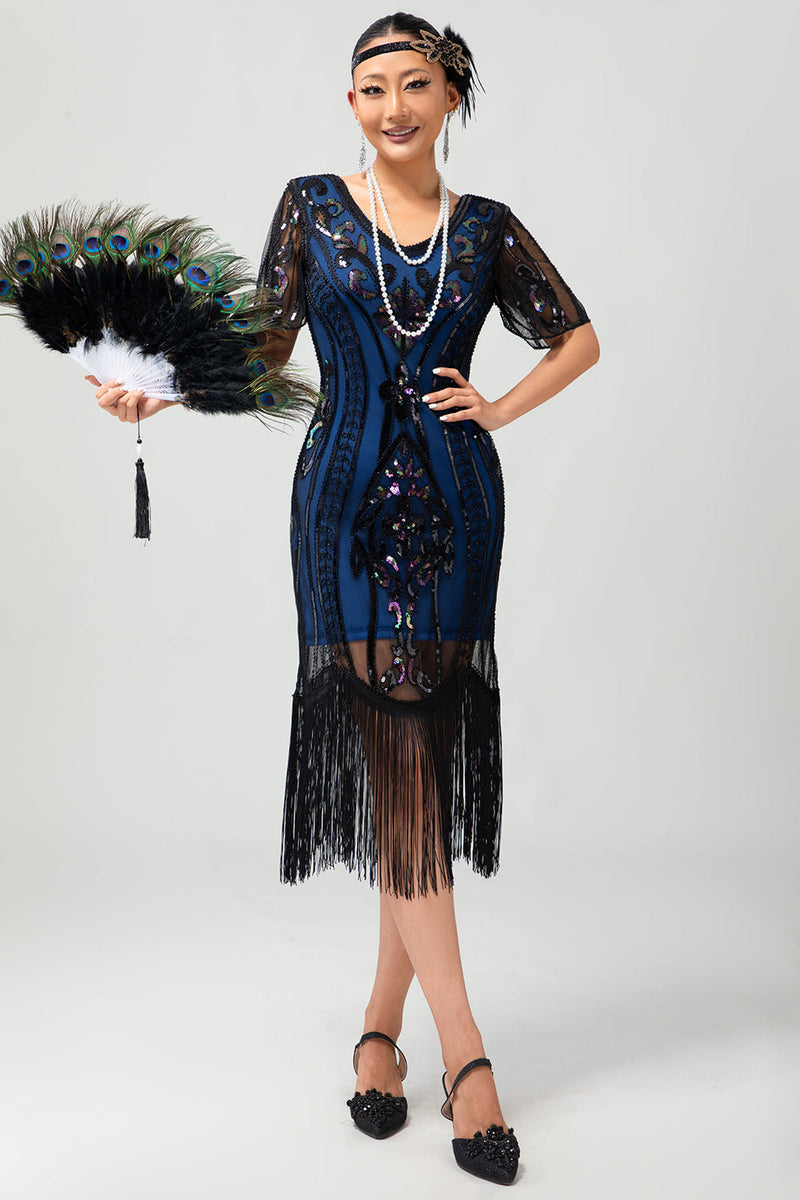 Laden Sie das Bild in den Galerie-Viewer, Glitzerndes Dunkelgrünes Bodycon Fransen 1920er Kleid mit Kurze Ärmeln