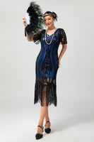 Laden Sie das Bild in den Galerie-Viewer, Glitzerndes Schwarz Blaues Pailletten 1920er Kleid mit Kurzen Ärmeln und Fransen