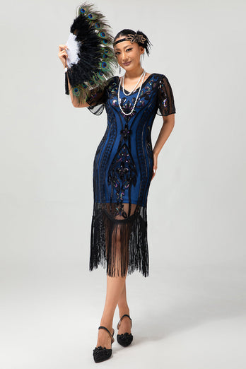 Glitzerndes Schwarz Blaues Pailletten 1920er Kleid mit Kurzen Ärmeln und Fransen
