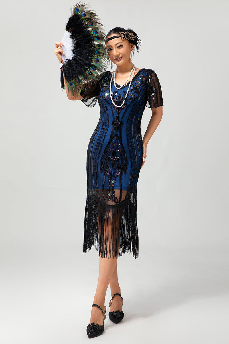 Laden Sie das Bild in den Galerie-Viewer, Glitzerndes Schwarz Blaues Pailletten 1920er Kleid mit Kurzen Ärmeln und Fransen
