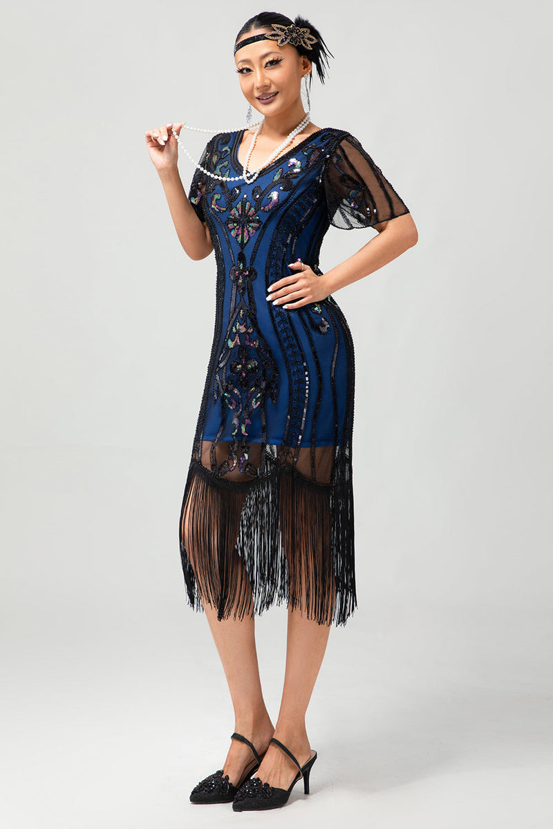 Laden Sie das Bild in den Galerie-Viewer, Glitzerndes Dunkelgrünes Bodycon Fransen 1920er Kleid mit Kurze Ärmeln