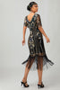 Laden Sie das Bild in den Galerie-Viewer, Glitzerndes Schwarzes Burgunderrotes Fransen Kurzes 1920er Kleid Mit Ärmeln und Pailletten
