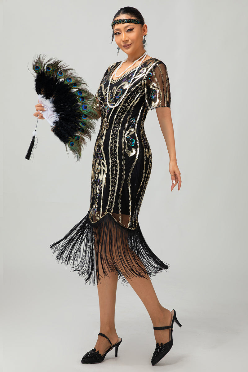 Laden Sie das Bild in den Galerie-Viewer, Glitzerndes Schwarzes Burgunderrotes Fransen Kurzes 1920er Kleid Mit Ärmeln und Pailletten