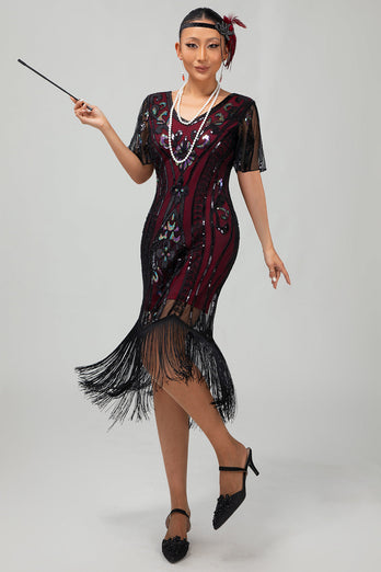 Glitzerndes Dunkelgrünes Bodycon Fransen 1920er Kleid mit Kurze Ärmeln