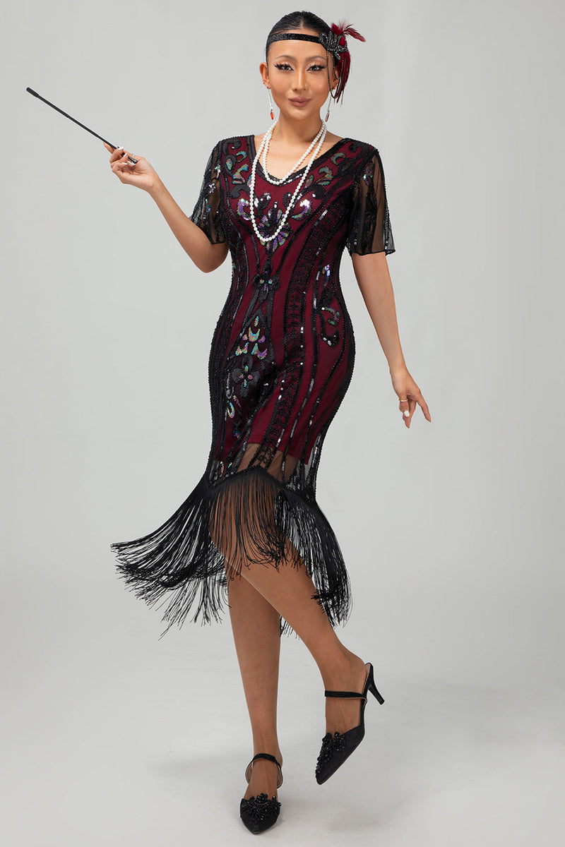 Laden Sie das Bild in den Galerie-Viewer, Glitzerndes Dunkelgrünes Bodycon Fransen 1920er Kleid mit Kurze Ärmeln