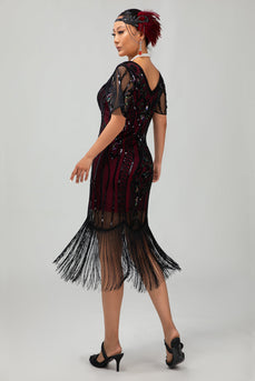Glitzerndes Schwarzes Burgunderrotes Fransen Kurzes 1920er Kleid Mit Ärmeln und Pailletten