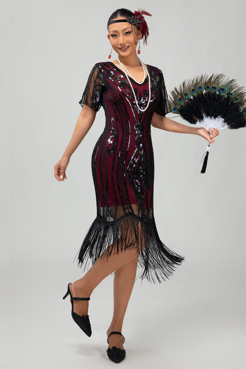 Laden Sie das Bild in den Galerie-Viewer, Glitzerndes Schwarzes Goldenes Bodycon Pailletten Kurzes 1920er Kleid Mit Ärmeln