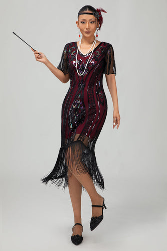 Glitzerndes Schwarzes Burgunderrotes Fransen Kurzes 1920er Kleid Mit Ärmeln und Pailletten