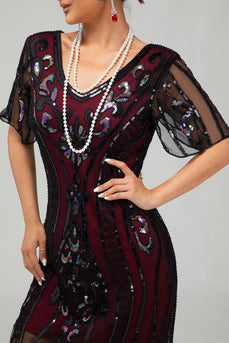 Glitzerndes Apricotfarbenes Pailletten 1920er Kleid Mit Kurzen Ärmeln und Fransen