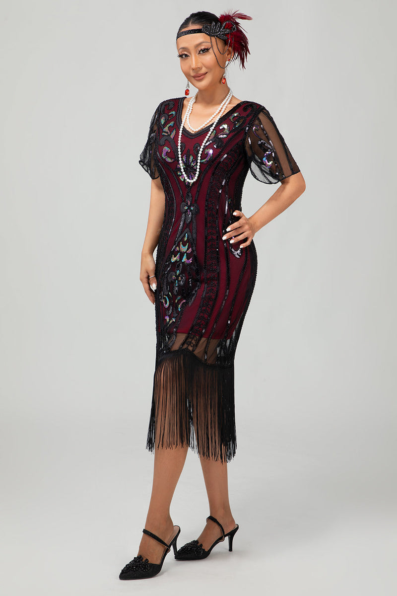 Laden Sie das Bild in den Galerie-Viewer, Glitzerndes Dunkelgrünes Bodycon Fransen 1920er Kleid mit Kurze Ärmeln