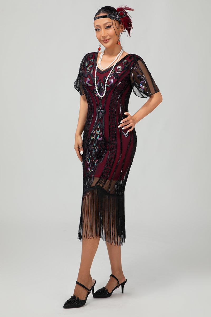 Laden Sie das Bild in den Galerie-Viewer, Glitzerndes Schwarzes Goldenes Bodycon Pailletten Kurzes 1920er Kleid Mit Ärmeln