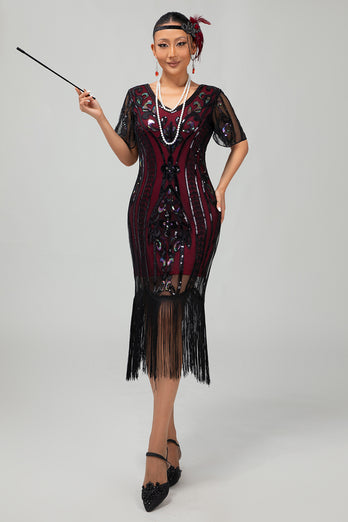 Glitzerndes Schwarzes Goldenes Bodycon Pailletten Kurzes 1920er Kleid Mit Ärmeln