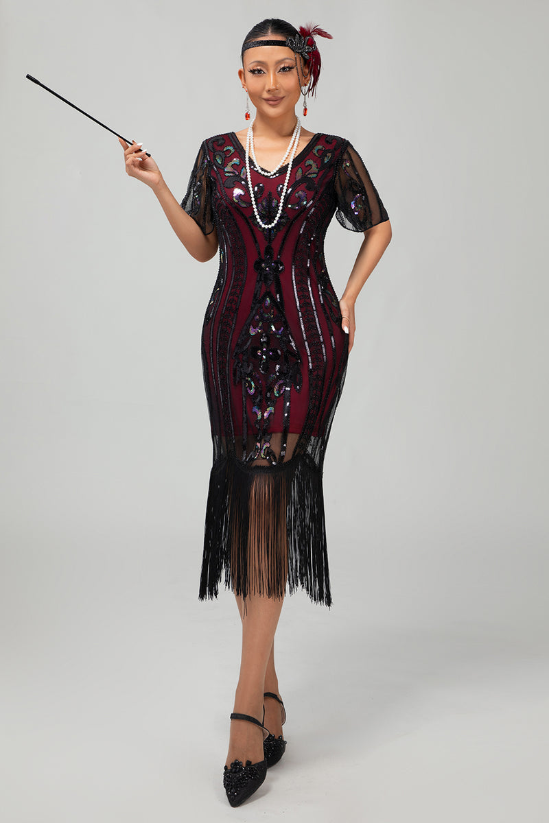 Laden Sie das Bild in den Galerie-Viewer, Glitzerndes Schwarzes Goldenes Bodycon Pailletten Kurzes 1920er Kleid Mit Ärmeln