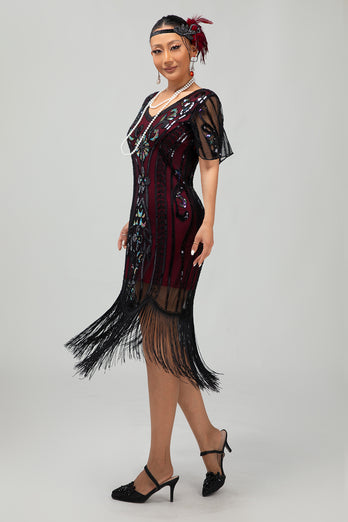 Glitzerndes Schwarzes Goldenes Bodycon Pailletten Kurzes 1920er Kleid Mit Ärmeln