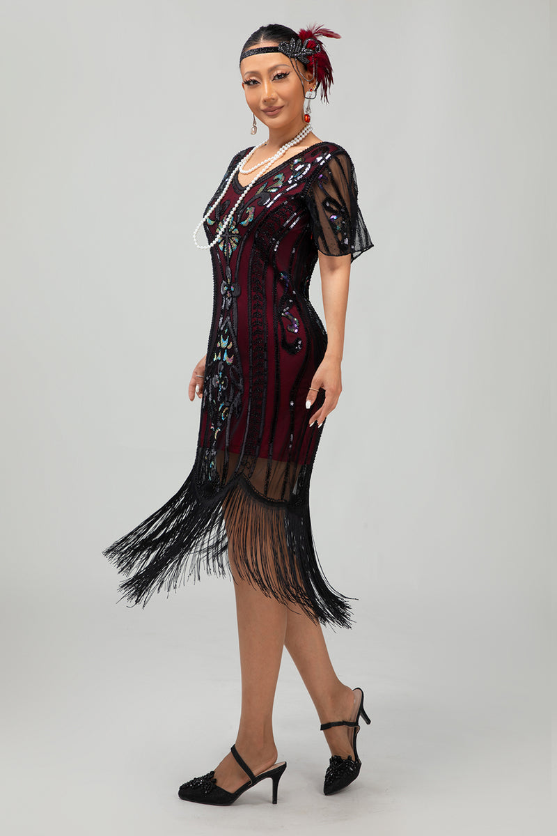 Laden Sie das Bild in den Galerie-Viewer, Glitzerndes Schwarzes Goldenes Bodycon Pailletten Kurzes 1920er Kleid Mit Ärmeln