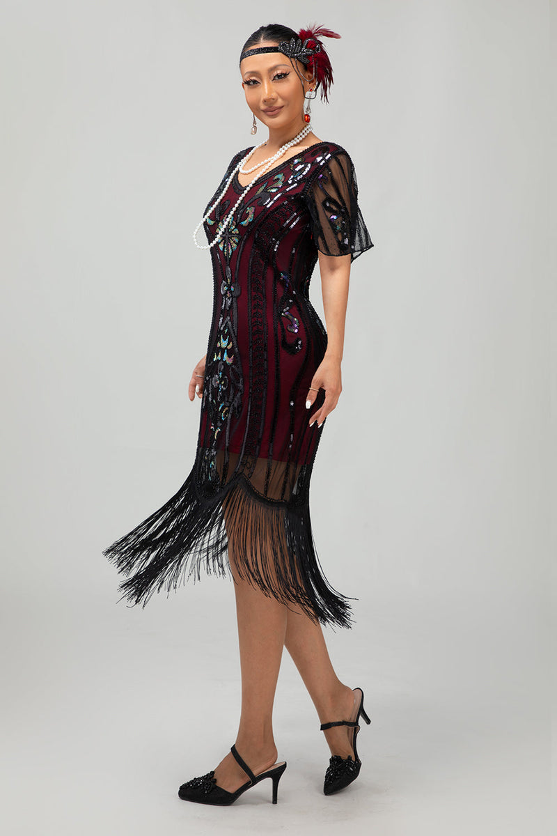 Laden Sie das Bild in den Galerie-Viewer, Glitzerndes Schwarz Blaues Pailletten 1920er Kleid mit Kurzen Ärmeln und Fransen