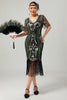 Laden Sie das Bild in den Galerie-Viewer, Glitzerndes Dunkelgrünes Bodycon Fransen 1920er Kleid mit Kurze Ärmeln