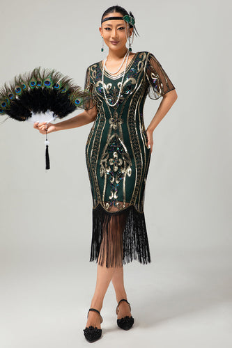 Glitzerndes Dunkelgrünes Bodycon Fransen 1920er Kleid mit Kurze Ärmeln