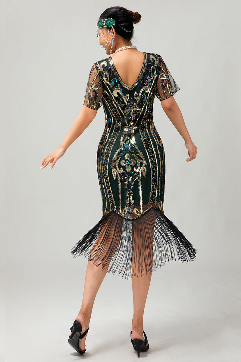 Laden Sie das Bild in den Galerie-Viewer, Glitzerndes Schwarz Blaues Pailletten 1920er Kleid mit Kurzen Ärmeln und Fransen