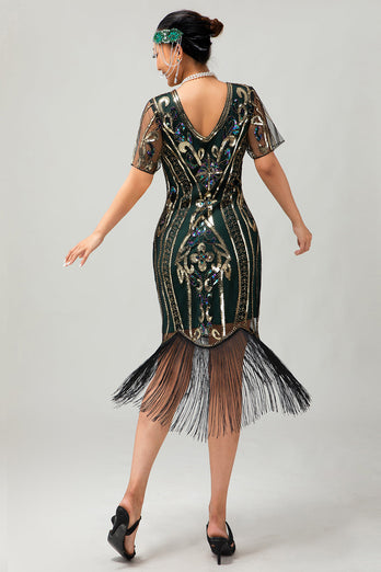Glitzerndes Dunkelgrünes Bodycon Fransen 1920er Kleid mit Kurze Ärmeln