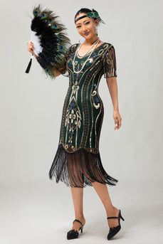 Glitzerndes Dunkelgrünes Bodycon Fransen 1920er Kleid mit Kurze Ärmeln