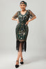 Laden Sie das Bild in den Galerie-Viewer, Glitzerndes Dunkelgrünes Bodycon Fransen 1920er Kleid mit Kurze Ärmeln