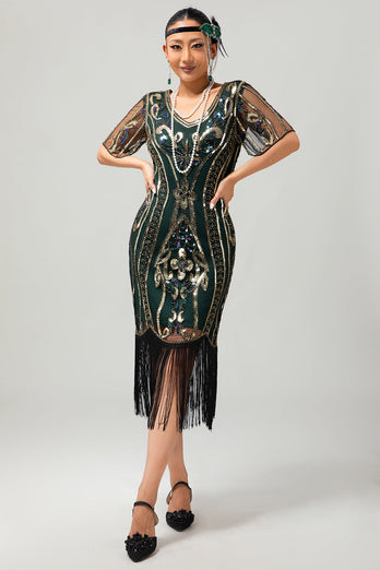 Glitzerndes Apricotfarbenes Pailletten 1920er Kleid Mit Kurzen Ärmeln und Fransen
