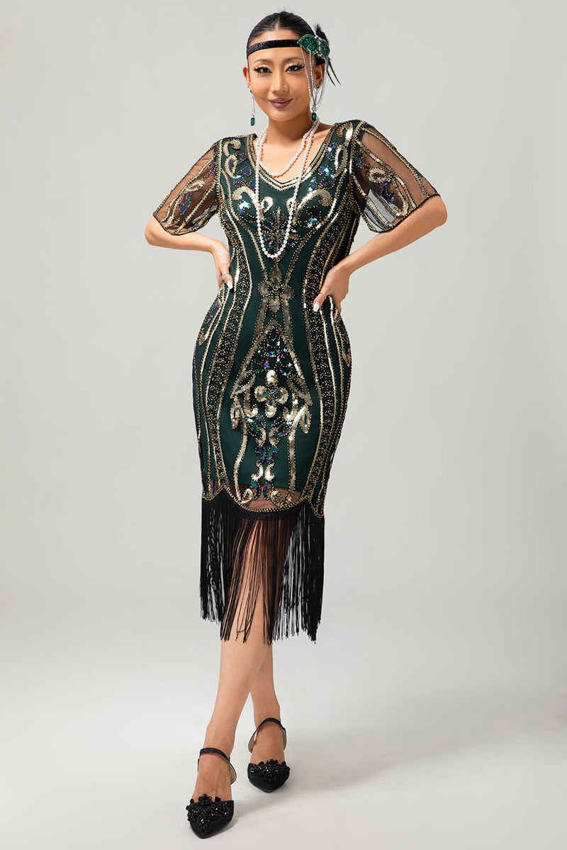 Laden Sie das Bild in den Galerie-Viewer, Glitzerndes Apricotfarbenes Pailletten 1920er Kleid Mit Kurzen Ärmeln und Fransen