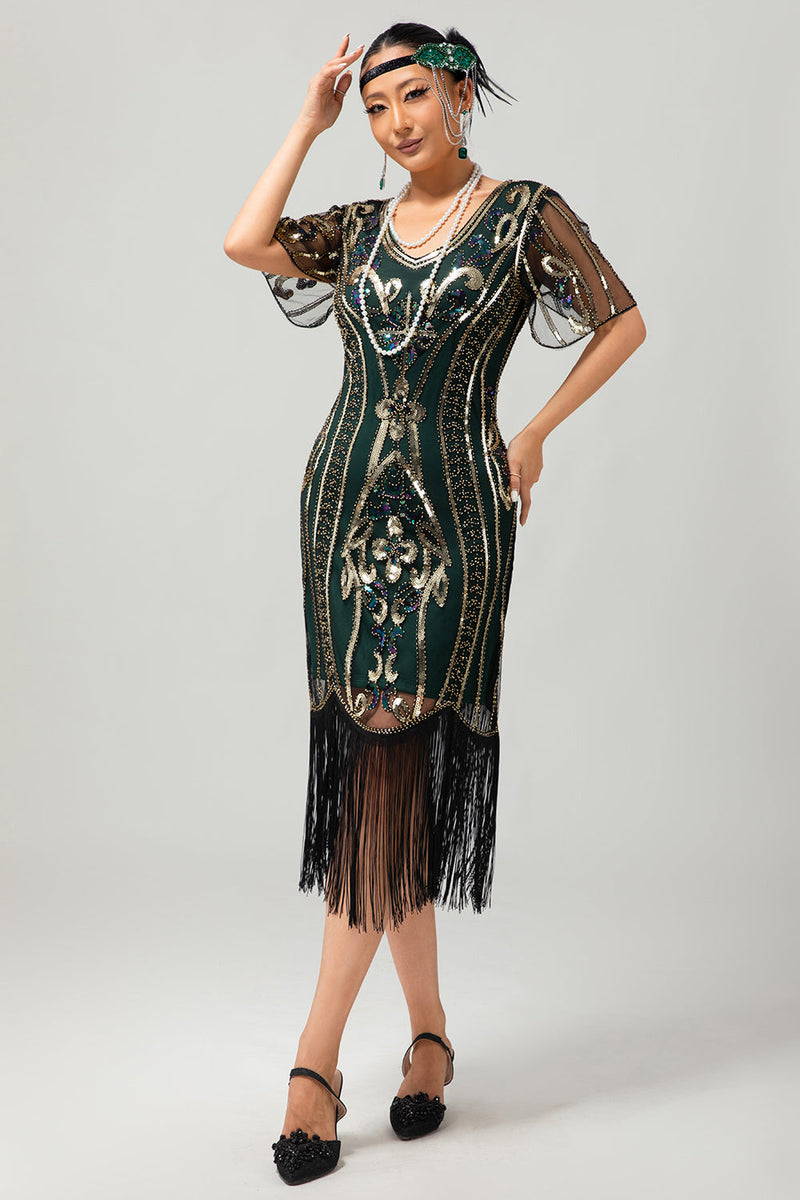 Laden Sie das Bild in den Galerie-Viewer, Glitzerndes Dunkelgrünes Bodycon Fransen 1920er Kleid mit Kurze Ärmeln