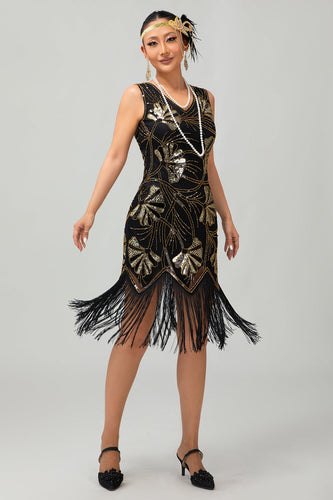 Glitzerndes Schwarzes Goldenes Pailletten Fransen Flapperkleid mit Perlen