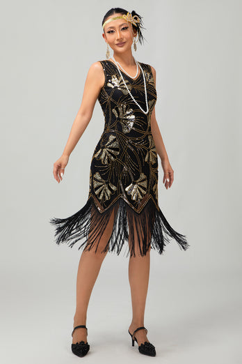 Glitzerndes Rotes Goldenes Fransen Kurzes 1920er Kleid Mit Pailletten