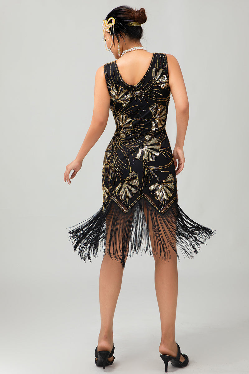 Laden Sie das Bild in den Galerie-Viewer, Glitzerndes Rotes Goldenes Fransen Kurzes 1920er Kleid Mit Pailletten