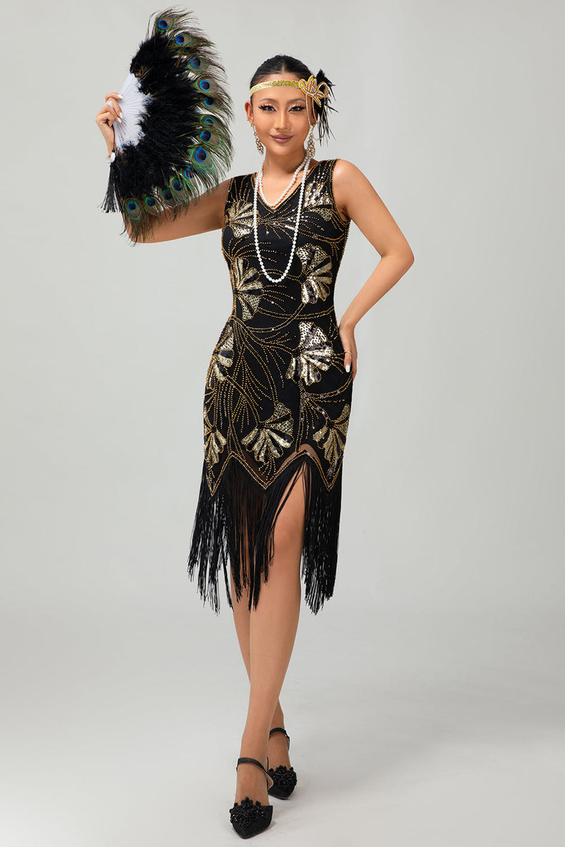 Laden Sie das Bild in den Galerie-Viewer, Glitzerndes Grün Goldenes Bodycon Fransen 1920er Kleid mit Pailletten