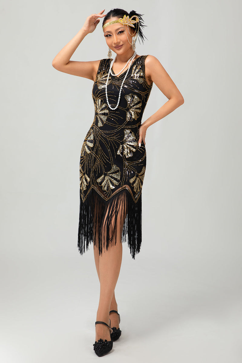 Laden Sie das Bild in den Galerie-Viewer, Glitzerndes Grün Goldenes Bodycon Fransen 1920er Kleid mit Pailletten